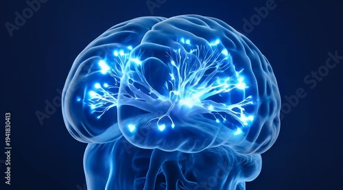 Rotating 3D brain with glowing neural connections, showcasing cognitive activity and mental processing, symbolizing intelligence and thought processes