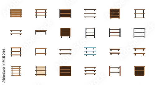 Collection of various wooden and metal shelving units and tables.