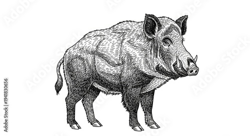 Detailed illustration of a wild boar with textured fur and prominent tusks