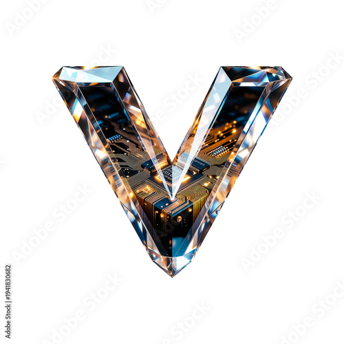 transparent 3d microchip v letter with glowing neon circuit board and glass texture for tech review