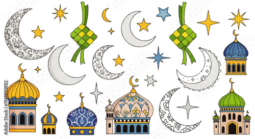 Islamic Holiday Symbols Featuring Crescent Moons, Stars, Ketupat, and Mosques