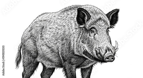 Detailed monochrome illustration of a wild boar isolated on a white background