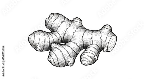 Detailed monochrome illustration of fresh ginger root isolated on white background