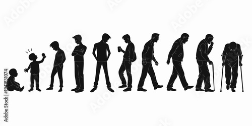 Man Lifecycle from birth to old age in silhouettes. Short story of human in different life ages - figure set. vector