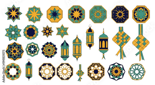 A curated collection of ornate traditional geometric patterns, decorative lanterns, and festive ketupat symbols, embodying cultural celebrations and holiday spirit