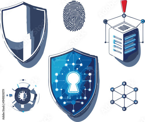 Cyber security protection icon pack showing digital shield, biometric fingerprint scan, secure server, network protection, and malware warning sign, minimal thin line vector style 3