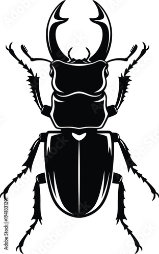 Stag Beetle Silhouette Illustration Showing Large Mandibles and Segmented Legs on White Background