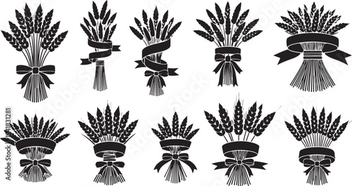 Illustration of various sheaves of wheat with ribbons tied