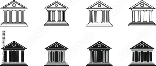 Bank and government building line icons set with courthouse, museum and institution symbols isolated on white background for finance, law and architecture concepts