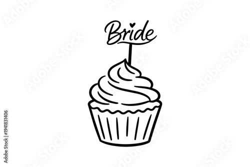 A black and white line drawing of a cupcake with bride decoration on top Bachelorette Clipart Design