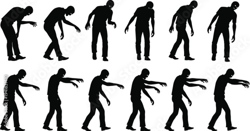 Collection of people silhouettes in various active and stationary poses, jumping, dancing, sitting, standing, and workout movements, cad drawing flat vector illustration.