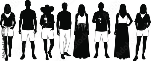 Collection of summer people silhouettes, flat fashion sketch vector illustration set, technical CAD drawing of men and women in casual holiday outfits.