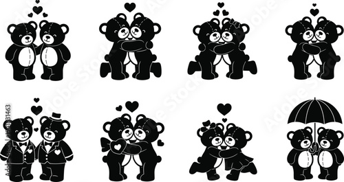 Cartoon teddy bear couples in love, cute vector illustration, romantic animal artwork, affectionate character design, playful companionship scene, 