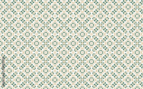 Seamless geometric botanical pattern with small green leaves and golden lattice.