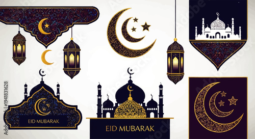Beautiful Eid Mubarak Islamic decorations and ornaments featuring crescents, lanterns, and mosques for celebrations