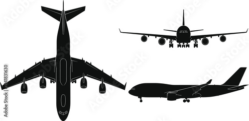 Collection of airplane silhouettes in different views, including top, front, and side profiles, commercial aviation aircraft, cad drawing flat vector illustration, isolated.