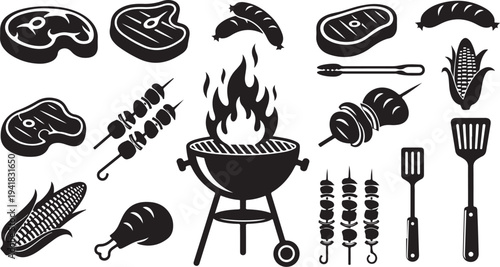 Black and white illustration of barbecue grill and food