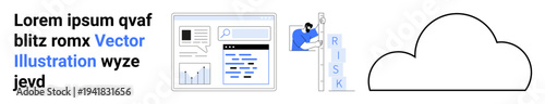 Data security, risk analysis, cloud systems, information management, digital strategy, analytics solutions. A person interacting with risk metrics, cloud icon and informational layout. Risk analysis