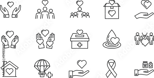 Charity, donation and care line icons set with heart, helping hands, medical aid and community support symbols isolated on white background for social concepts