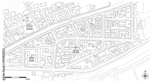 Detailed aerial view of a city with intricate street patterns.