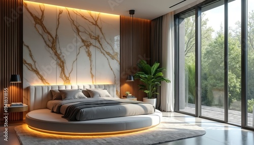 Modern round bed in luxe room with marble wall and large window overlooking green nature. Interior design features wooden panels and soft lighting for a serene atmosphere.