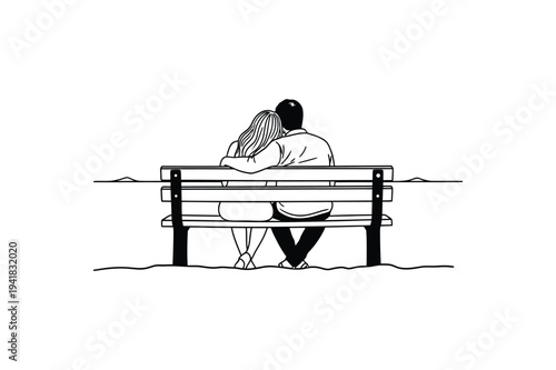 Romantic Couple Sitting on Park Bench Back View Love and Relationship Line Art Vector illustration.
