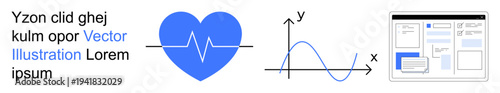 Health monitoring, data analysis, website design, medical research, digital tools, educational content. Blue heart with ECG line, graph axes and web layout design. Health monitoring and data
