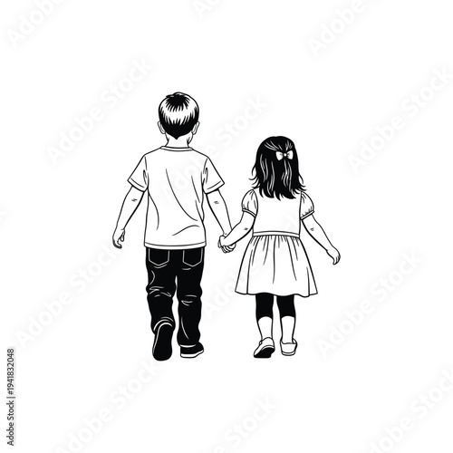 Sibling Bond Children Connection Love and Family Relationship Line Art Vector illustration.