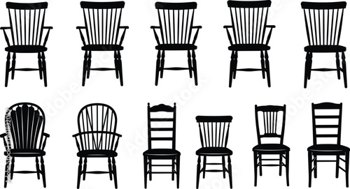 Chair silhouettes vector illustration, furniture design artwork, decorative seating styles concept, black and white chair pattern, interior decor icon drawing
