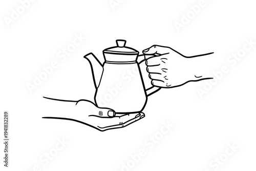 Two Hands Holding Classic Teapot Warm Tea Moment Lifestyle Line Art Vector illustration.