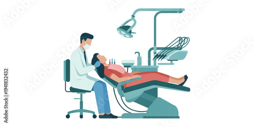 A dentist performing a dental procedure on a patient in a dental clinic setting Vector