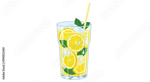 Refreshing lemonade in a glass with citrus slices and mint garnish
