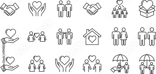 Set of family, love and care line icons including handshake, heart, home and people symbols isolated on white background for social and charity concepts