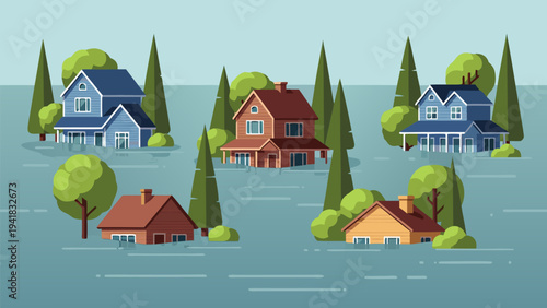 Flooded neighborhood illustration showing submerged houses and trees during a natural disaster