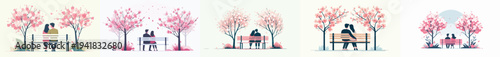 vector of a couple sitting together on a park bench with cherry blossoms in bloom in spring back view
