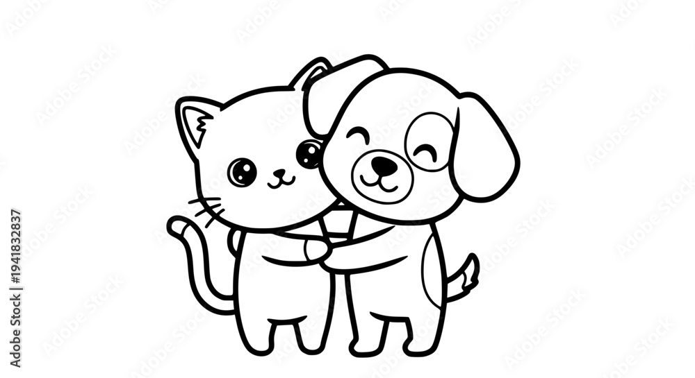 Obraz premium cute cat and dog hugging, black and white vector illustration, kawaii style, thick outlines, simple cartoon pets, minimal shading, isolated on white background, adorable pet friendship