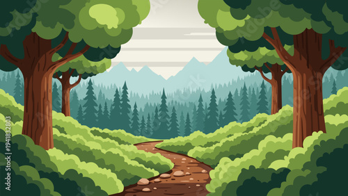 Enchanting forest path winding through lush green trees and distant mountains under a serene sky, a beautiful landscape illustration