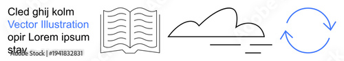 Education, reading, weather patterns, processes, continuity, learning tools. An open book, a cloud and a circular arrow design. Education and weather pattern concepts
