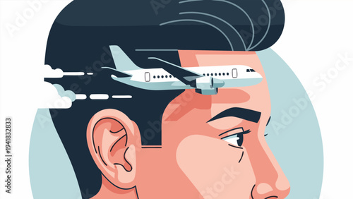 Man's mind contemplates an airplane, symbolizing travel and thought processes