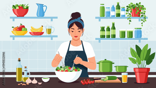 Healthy Eating Woman Preparing Fresh Salad in a Modern Kitchen Environment, surrounded by fresh ingredients