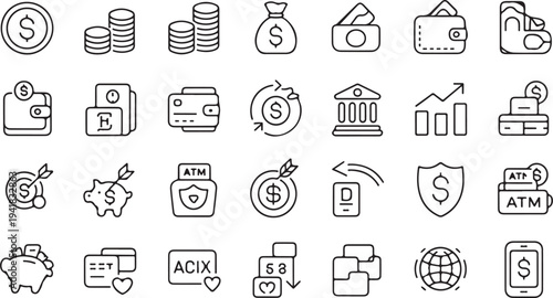 Set of black and white representing money, banking, and financial transactions coins