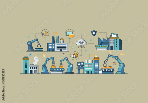 Vector Ilustration Flat Design Idea Modern automated factory with robotic arms and conveyor belts.