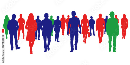 Collection of People Walking in Different Directions Flat Simple Shapes Vector