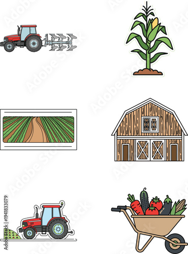 Set of 6 farming and agriculture vector icons including a red tractor, corn plant, barn, field, and wheelbarrow with vegetables, ideal for farm-themed designs.