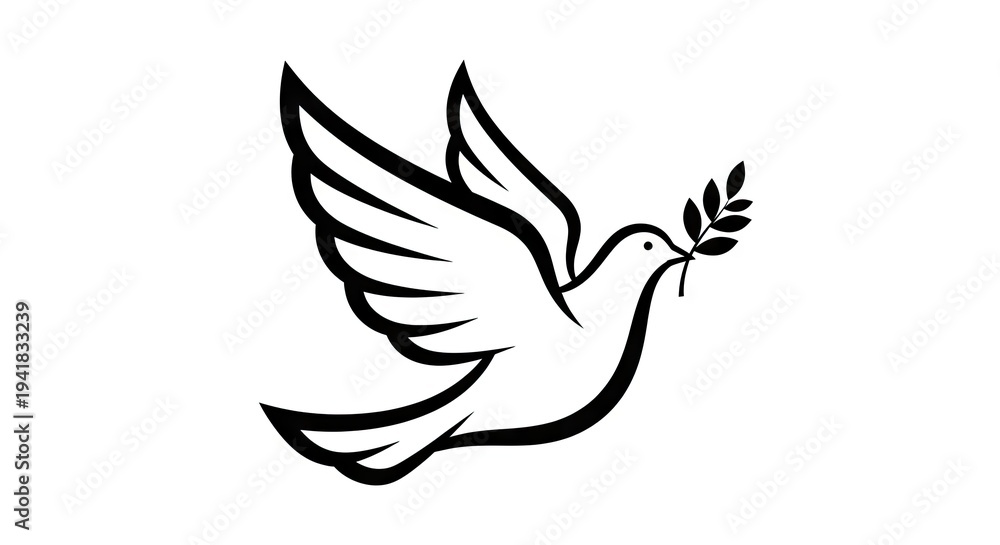 Obraz premium Flying dove carrying olive branch symbol of peace and hope in vector design