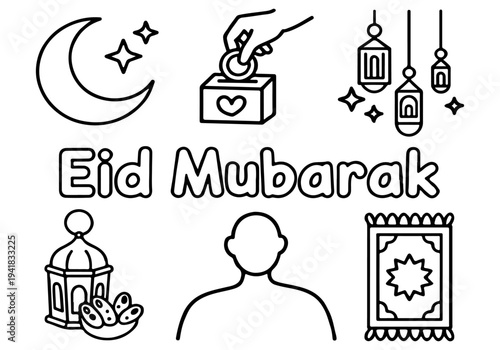 Eid Mubarak Coloring Page Vector Illustration with Islamic Symbols, Festive Design Elements, and Prayer Mat