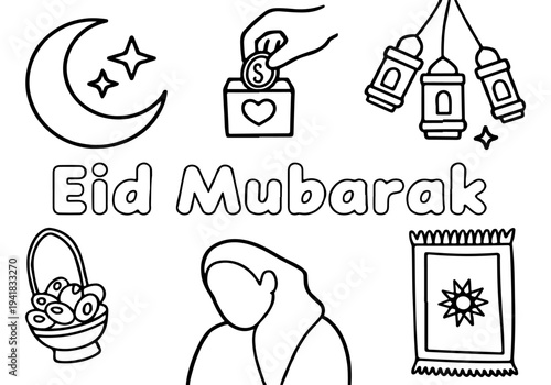 Happy Eid Mubarak Coloring Page with Islamic Symbols for Kids