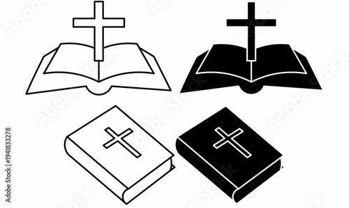 Bible and Christian Cross Icon Set.Outline and silhouette.vector illustratjon for faith concept,church graphics, Christianity themes,religious education,spiritual publications, worship designs