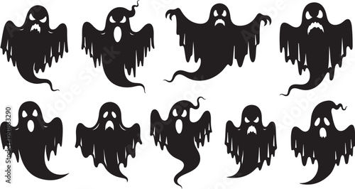 Collection of spooky ghost silhouettes in various poses and expressions