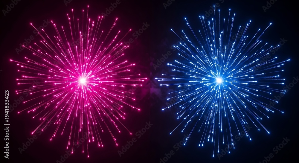 Fototapeta premium Two glowing, symmetrical starburst patterns, one pink, one blue, against a dark void